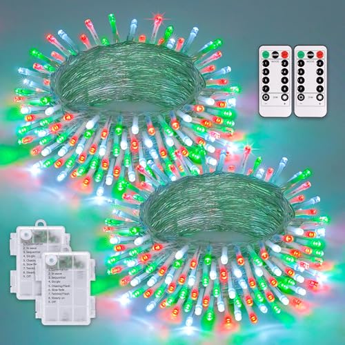 2 Pack Red White and Green Christmas Lights Battery Operated (100 Foot)