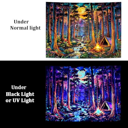 Blacklight Fantasy Forest Tapestry UV Reactive Galaxy Space Moon Tapestry Trippy Pine Trees Wall Tapestries Nature Landscape Mountain River Tapestries Wall Hanging for Bedroom
