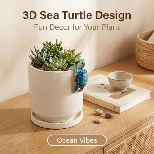 Ceramic Plant Pot with Resin Climbing Tortoise Figure