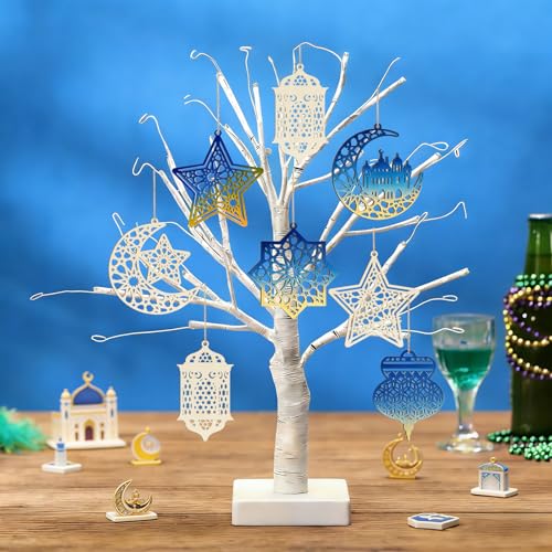 36PCS Wooden Ramadan Decorations Eid Islam Mubarak Ornaments Mubarak Hanging Hollow Pendant to Paint (36 Count)
