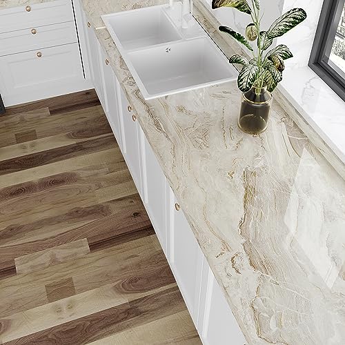 Glossy Beige Gold Liquid Marble Contact Paper for Countertops Waterproof Peel and Stick Countertops for Kitchen Marble Wallpaper 15.7''x354'' Self Adhesive Countertop Vinyl for Bathroom Walls (38.75 Sq Ft)