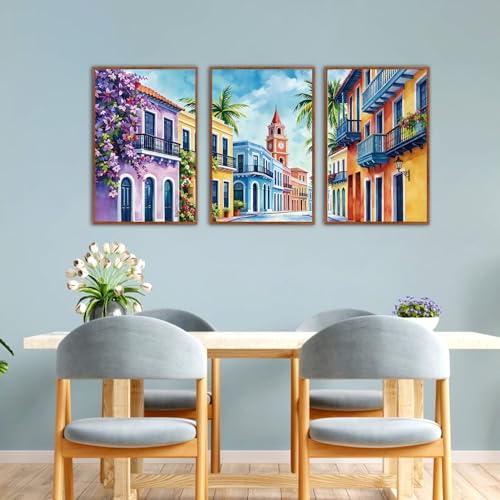 KAlRNE Scenery Texture Cityscape Framed Large Wall Art Set (3 Count)