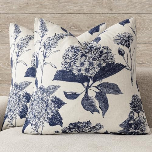 Set of 2 Linen Floral Vintage Throw Pillow Covers Neutral Accent Print Decorative Cozy Cushion Covers Farmhouse Boho Home Decor for Sofa Chair Couch Bed Living Room