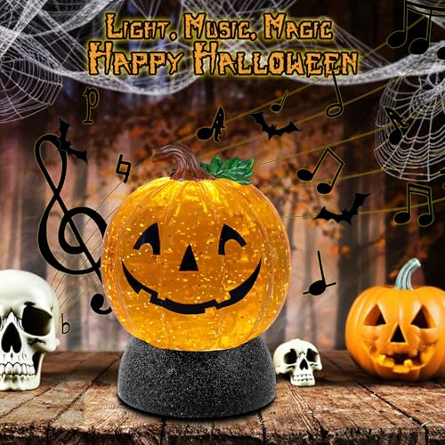 Halloween Snow Globe Lantern Pumpkin Lighted Halloween Snow Globes Battery Operated or USB Powered with 6H Timer Musical Snow Globe Glitter for Spooky Party Home Table Decorations
