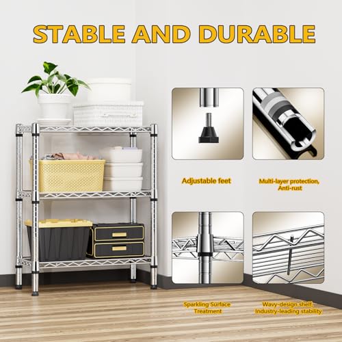 750 lbs 3 Tier Shelf Metal Storage Shelves Wire Rack Closet Organizers for Garage Kitchen Bathroom Laundry Chrome 11.8" D x 25.6" W x 31.5" H (3 Count)