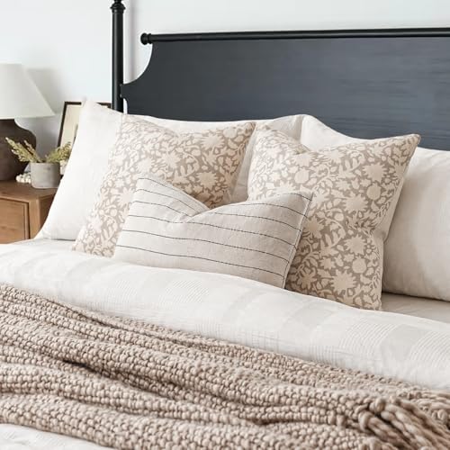 Set of 2 Decorative Neutral Floral Throw Pillow Covers Accent Farmhouse Cushion Covers Boho Vintage Pillowcase for Couch Sofa Bedroom Living Room Home Decor (2 Count)