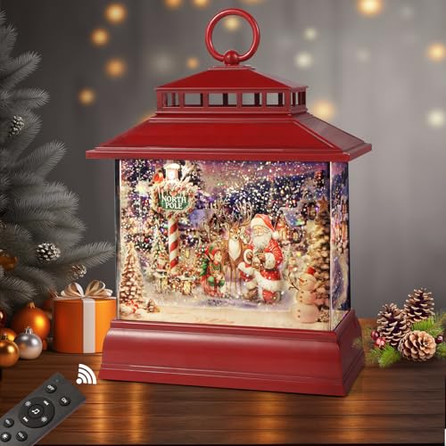 Christmas Snow Globe Lantern Water Glittering Lantern with 8 Songs & 6H Timer Romote Control Christmas Snow Globes USB & Battery Operated for Christmas Festival Decorations Gifts