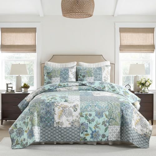 3 Piece Quilt Set Queen Size Patchwork Paisley Turquoise Floral
