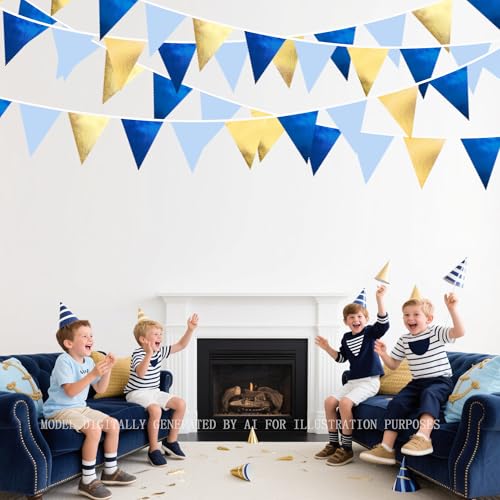 Gold Blue Party Decoration Gradient Blue and Gold Triangle Pennant Banner Flag Metallic Fabric Bunting Garland for Nautical Ahoy Achor Birthday Graduation Retirement Wedding Baby Shower Party Supplies (36 Count)