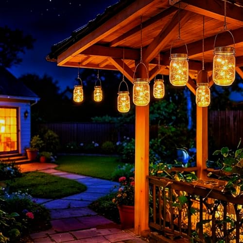 Gift for him her 9 Pack Solar Lanterns Outdoor Waterproof Upgraded Crystal Glass Solar Mason Jar Lights 30 LED 215% Larger SolarPanel (9 Count)