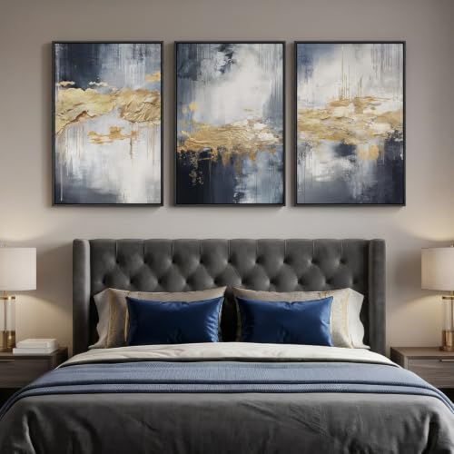 Large Framed Blue and Gold Abstract Wall Art for Living Room (3 Count)