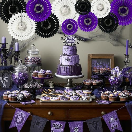 Honeycomb Round Paper Fans Black Purple Hanging Party Decoration (11 Count)