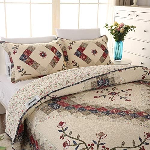 Beige Floral Embroidered Quilt Set King Size 100% Cotton Ethnic Patchwork Bedspread Coverlet Country Rustic Embroidery Reversible Geometric Bedding Cover Set Soft Cotton Comforter Cover (3 Count)