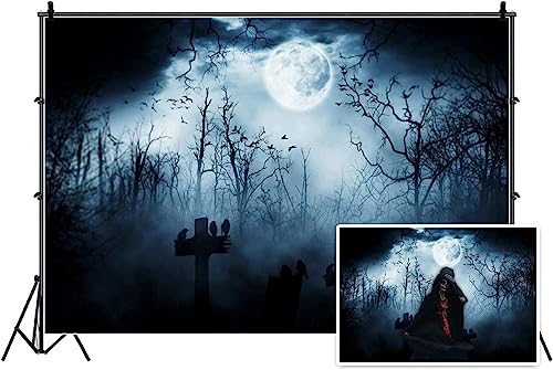 12x8ft Spooky Halloween Graveyard Backdrop Foggy Full Moon Horror Scene