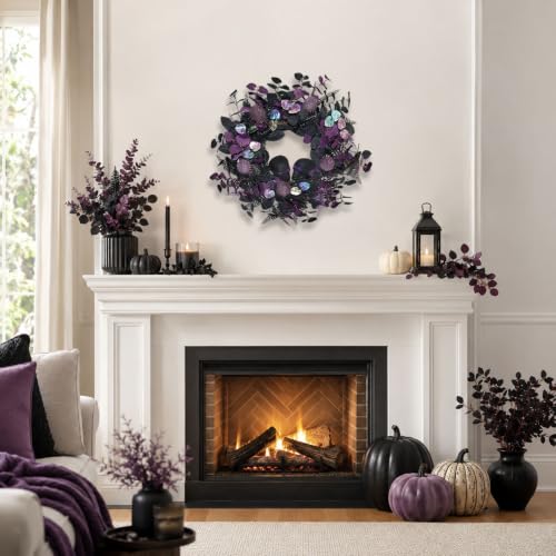 22" Lighted Halloween Wreath with 40 LEDs and Iridescent Eucalyptus