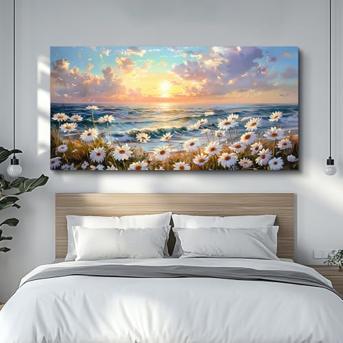 Large Canvas Wall Decor For Restaurant Wall Art For Living Room Bedroom Decor Beach With Waves Landscape Painting White Flowers Painting Artwork Office Bathroom Home Decoration 30x60 In