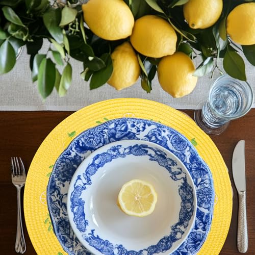 4Pcs Lemon Embroidered Placemats Round Place Mats Summer Lemon Greenery Leaves Dinner Table Mats for Home Wedding Baby Shower Birthday Party Decor (4 Count)