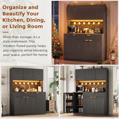 Fluted Kitchen Pantry Storage Cabinet with Charging Station & LED Lights