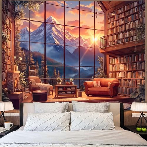 Forest Mountain Library Tapestry Fantasy Bookshelf Tapestries Wall Hanging Watercolor Nature Fairy Sunset Library Backdrop Extra Large Tapestry for Bedroom Dorm Room Classroom 90 x 68 inch