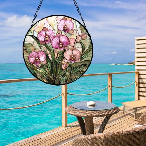 Phalaenopsis Orchid Stained Glass Window Hanging Decor Gifts for Women 6.3"