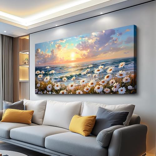 Large Canvas Wall Art For Living Room Bedroom Wall Decor Office Beach With Waves Landscape Painting White Flowers Painting Bathroom Dining Room Artwork Picture Home Decoration 20x40 In