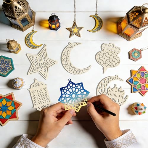 36PCS Wooden Ramadan Decorations Eid Islam Mubarak Ornaments Mubarak Hanging Hollow Pendant to Paint (36 Count)