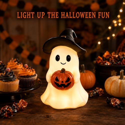 Halloween Ghost Figurine Cute Cartoon Ghost Holding Two Bats Spooky Tabletop Decoration White Desk Display Ornament for Home Office Mantel Shelf Party Fall Holiday Decor Supplies