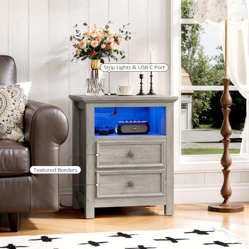 Set of 2 Nightstand with Charger Station Strip Lights