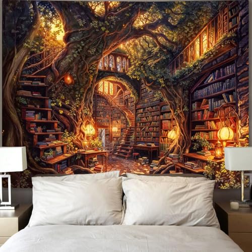 Forest Library Tapestry Tree Bookshelf Tapestries Wall Hanging Vintage Fantasy Fairy Treehouse Book Large Tapestry for Bedroom Living Room Dorm Classroom 80 x 60 inch