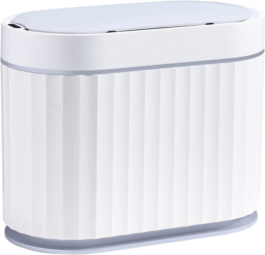ELPHECO Mini Trash Can with Lid Small Desktop Trash Can with Lid, 5 Liter Automatic Garbage Bin, 1.3 Gallon Motion Sensor Countertop Waste Basket for Bedroom, Office, Bathroom, White with Grey Trim