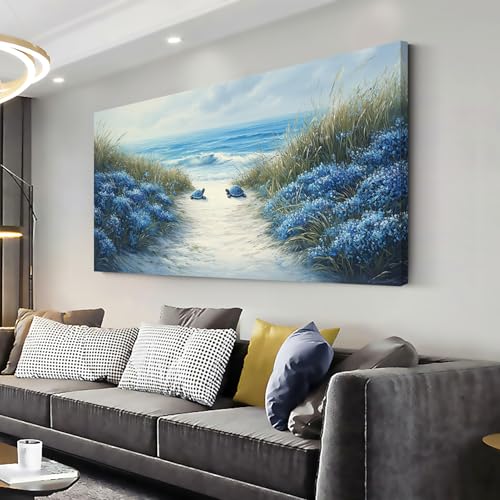 Romantic Beach Wall Art for Living Room Blue Sea Turtle Lovers Canvas Painting Prints Ocean Sandy Romance Flowers Large Bedroom Office Decor Artwork
