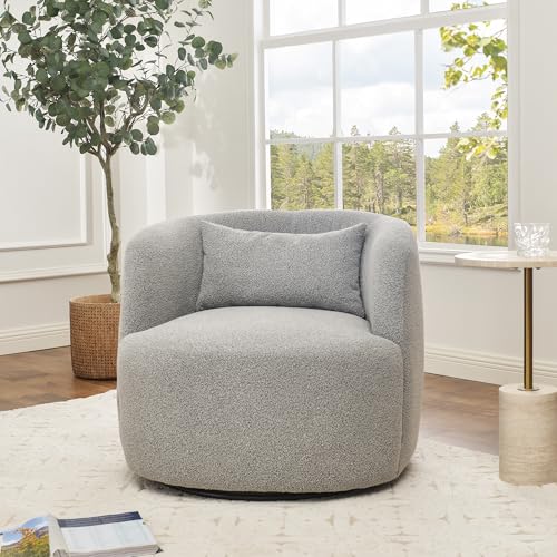 34" W Boucle Swivel Barrel Chair with Toss Pillow