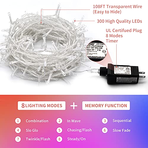 300 LED Multicolor Christmas Tree Lights Clear Wire Plug in (108 Foot)