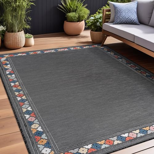 Outdoor Rug 5x7 Modern Bordered Area Rugs for Indoor and Outdoor Patio Easy to Clean Non Shedding Living Room Porch Garden Washable Outside Carpet