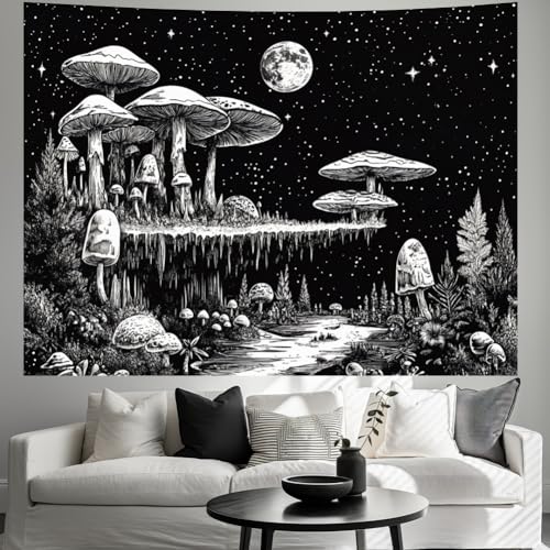 Black and White Mushroom Tapestry Fantasy Plant Floral Tapestries Moon Star Tapestries Starry Sky Tapestry Wall Hanging for Bedroom Decor