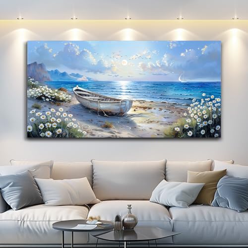 Wall Art For Living Room Canvas Wall Decor For Bedroom Office White Flower Seaside Landscape Painting Restaurant Decorations Printing Picture Artwork Ready To Hang Home Decoration 20"X40"