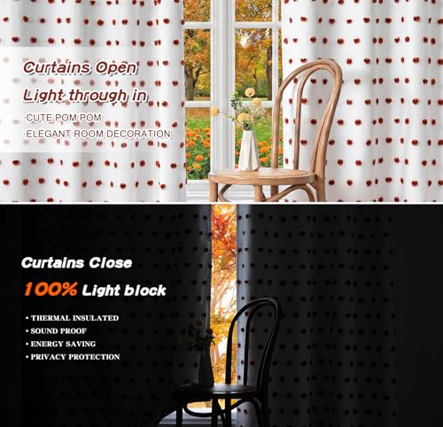 Boho Blackout Curtains 84 Inches Long for Bedroom 100% Room Darkening Curtain for Living Room Grommet Thermal Insulated Window Drapes with Terracotta Pom Pom Sheer 50W x 84L (2 Count)