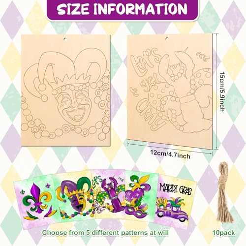 10 Pieces Large Mardi Gras Unfinished Wood Crafts to Paint for Adults