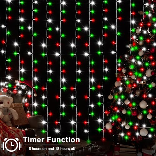 Red White and Green Christmas Curtain Lights Battery Operated (300 Count)