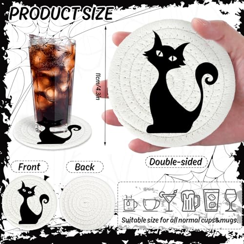 Halloween Handmade Braided Cotton Coasters Black White Ghost Bat Cat Spiderweb Drink Coasters Absorbent Cup Mat for Halloween Party Home Office Decor (4 Count)