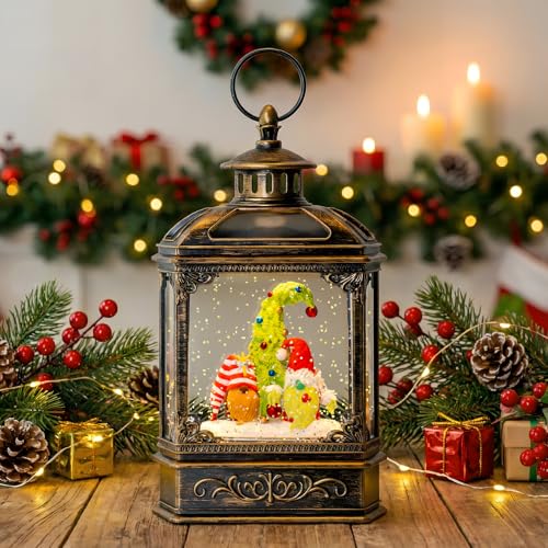 Christmas Snow Globe Lantern Water Glittering Gnomes Scandinavian Santa Elf with Whimsical Christmas Tree