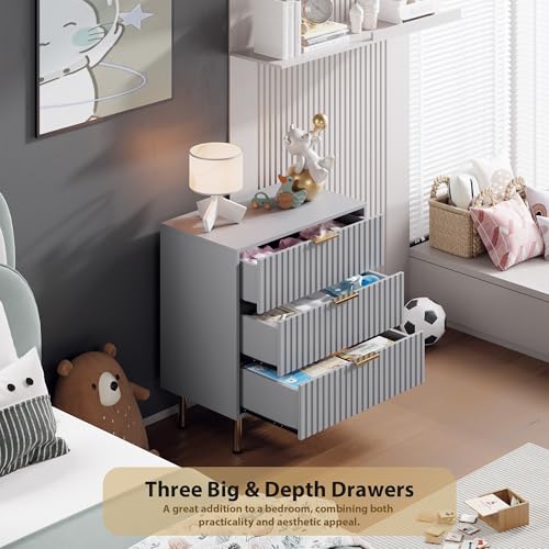 Fluted Grey 3 Drawer Dresser for Bedroom with Deep Drawers