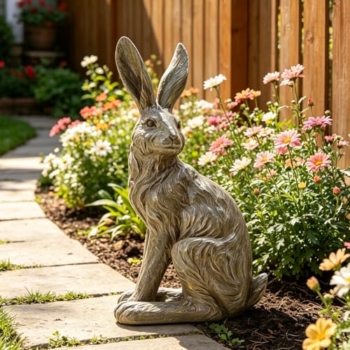 Outdoor Rabbit Garden Statue 12 Inch Grey Bunny Yard Decor
