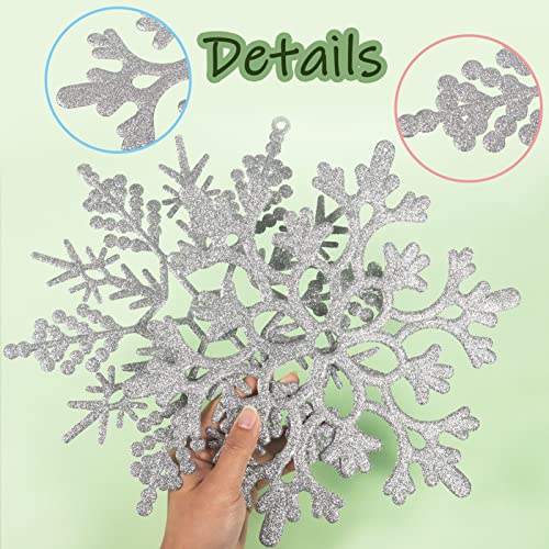 6pcs Large Silver Snowflakes Ornaments 12” Big Plastic Glitter Snowflake for Winter Indoor Outdoor Christmas Tree Window Room Decorations Giant Craft Snowflakes (6 Count)