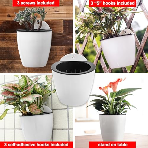 3 Pack Self Watering Wall Hanging Planter Pots Vertical Garden Window Hang Mount Indoor Outdoor Plant Flower Basket for Kitchen Herbs Balcony Railing Shelf Fence Bedroom Trellis Decor Modern White Box (3 Count)