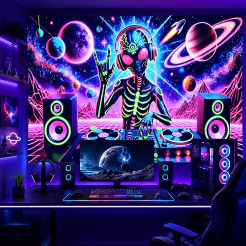 Blacklight Tapestry Alien DJ Wall Hanging 78 x 59 Inch