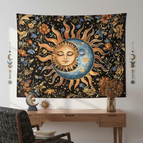 Sun and Moon Tapestry for Bedroom Boho Vintage Floral Hippie Wall Tapestry Aesthetic Retro Flower Plant Small Tapestries Wall Hanging for Living Room Dorm Decor 48 x 36 Inch