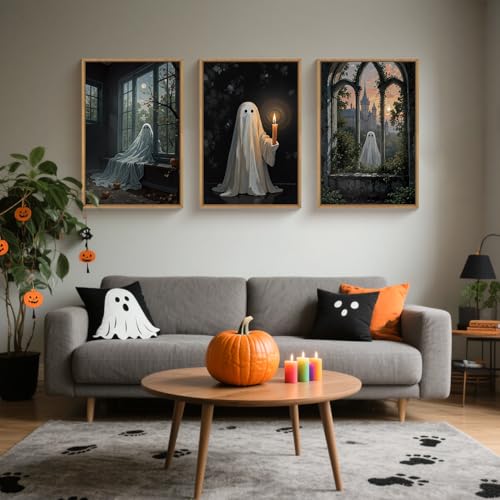 Large Halloween Cute Ghost Framed Canvas Wall Art Set