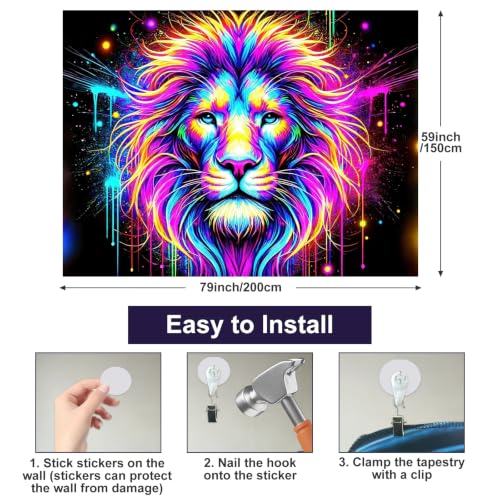 Blacklight Tapestry Lion Fantasy Room Decor 78 x 59 Inch