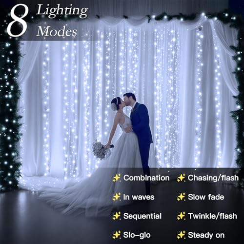 300 LED Cool White Curtain String Lights 9.8x9.8FT Plug in Fairy Lights with 9 Hooks Dimmable Timer & 8 Modes IP44 Waterproof Bedroom Office Wall Wedding Backdrop Christmas Indoor Outdoor Decor
